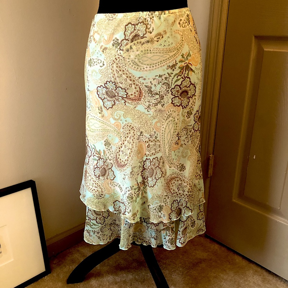 Kim Rogers midi layered ruffled skirt in spring hues of mint green & pale peach